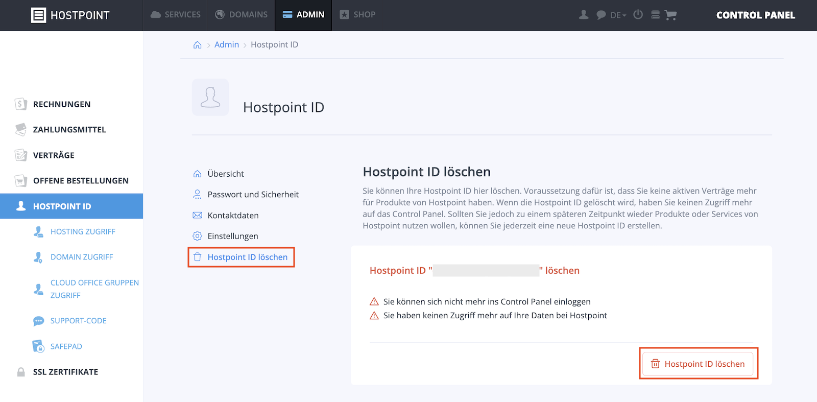 Menü "Hostpoint ID" im Control Panel, Seite "Hostpoint ID löschen" ausgewählt.