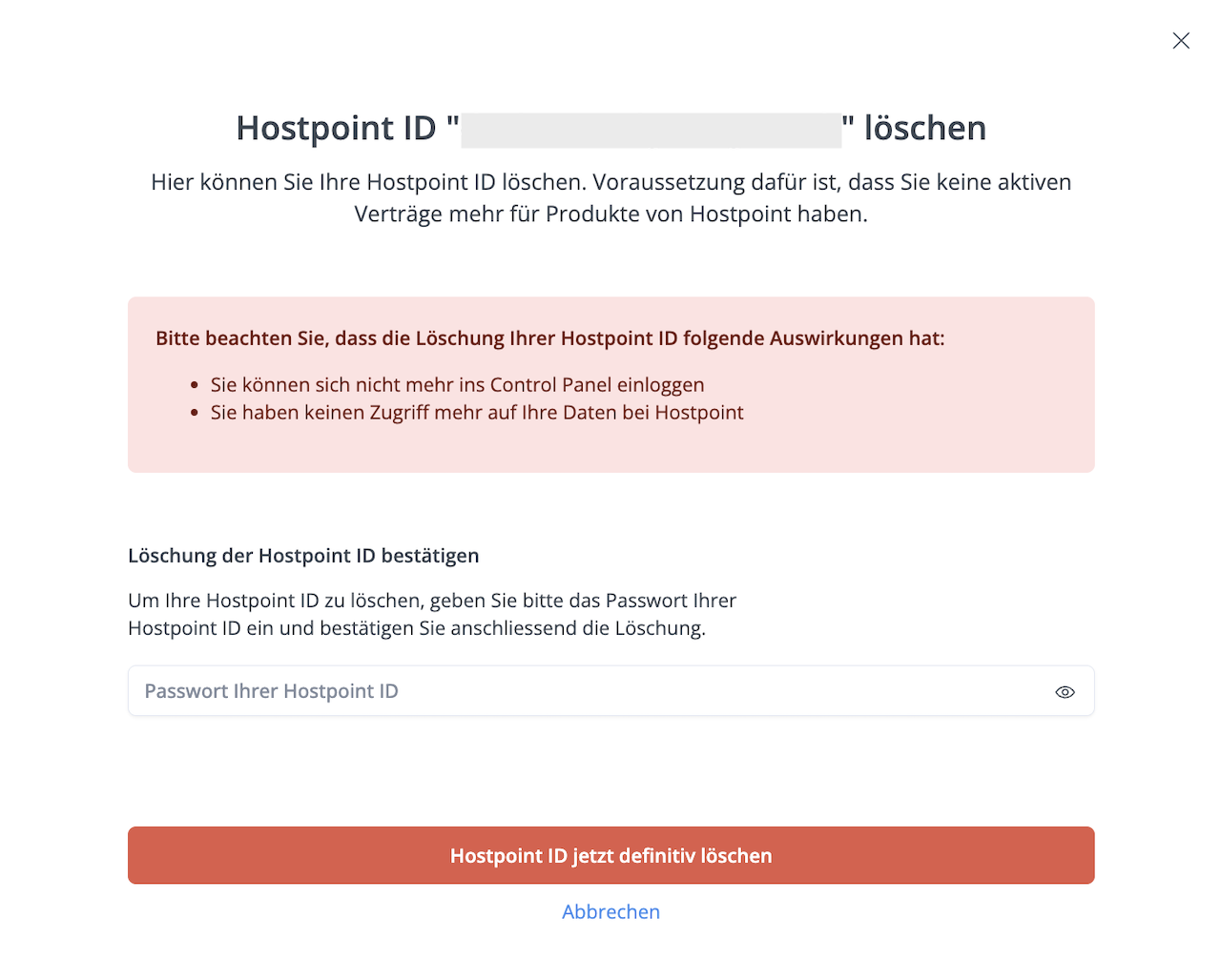 Overlay zur endgültigen Löschung der Hostpoint ID, mit Eingabefeld fürs Passwort.