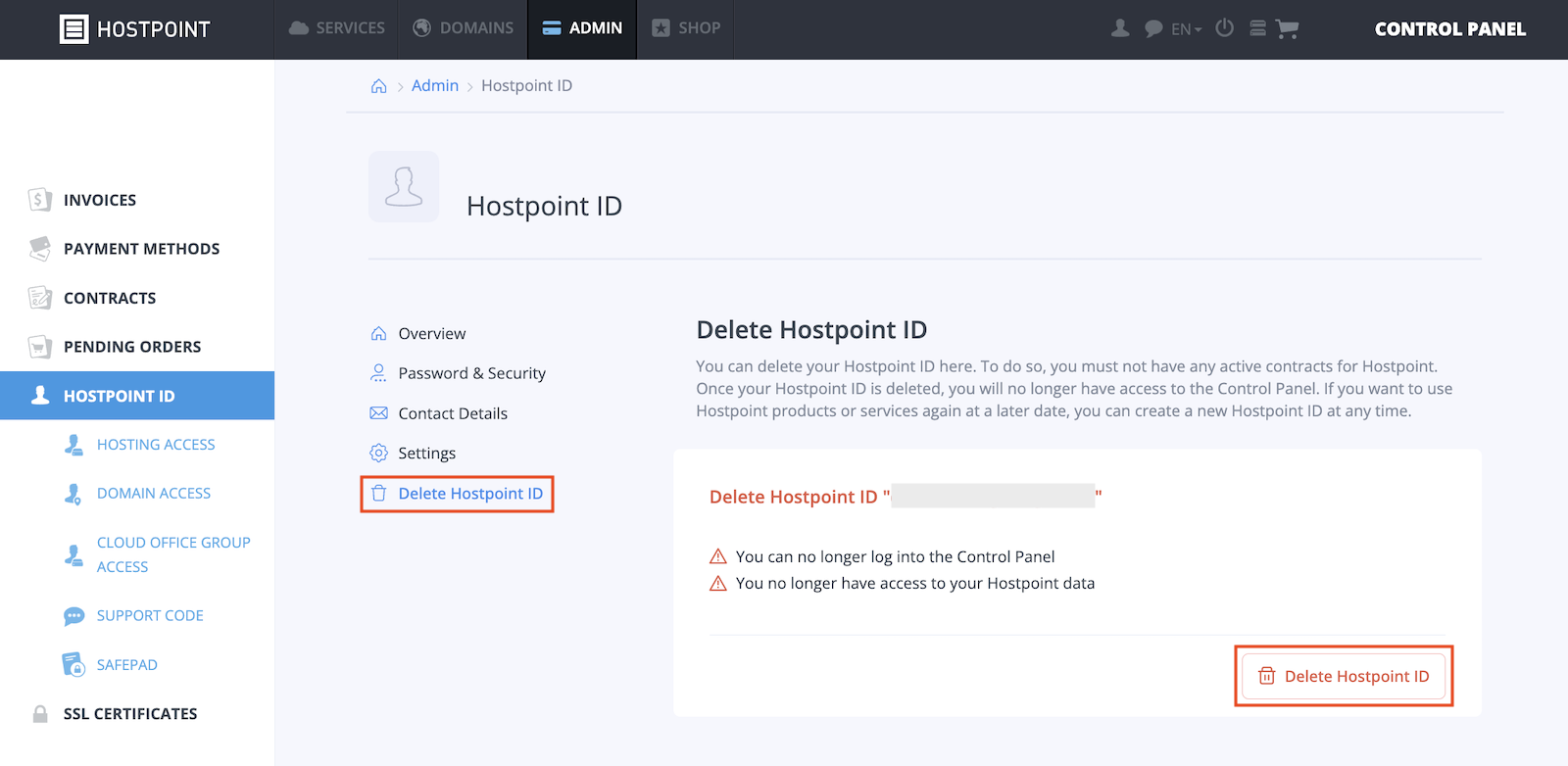 Hostpoint ID menu in the Control Panel, “Delete Hostpoint ID” page selected.