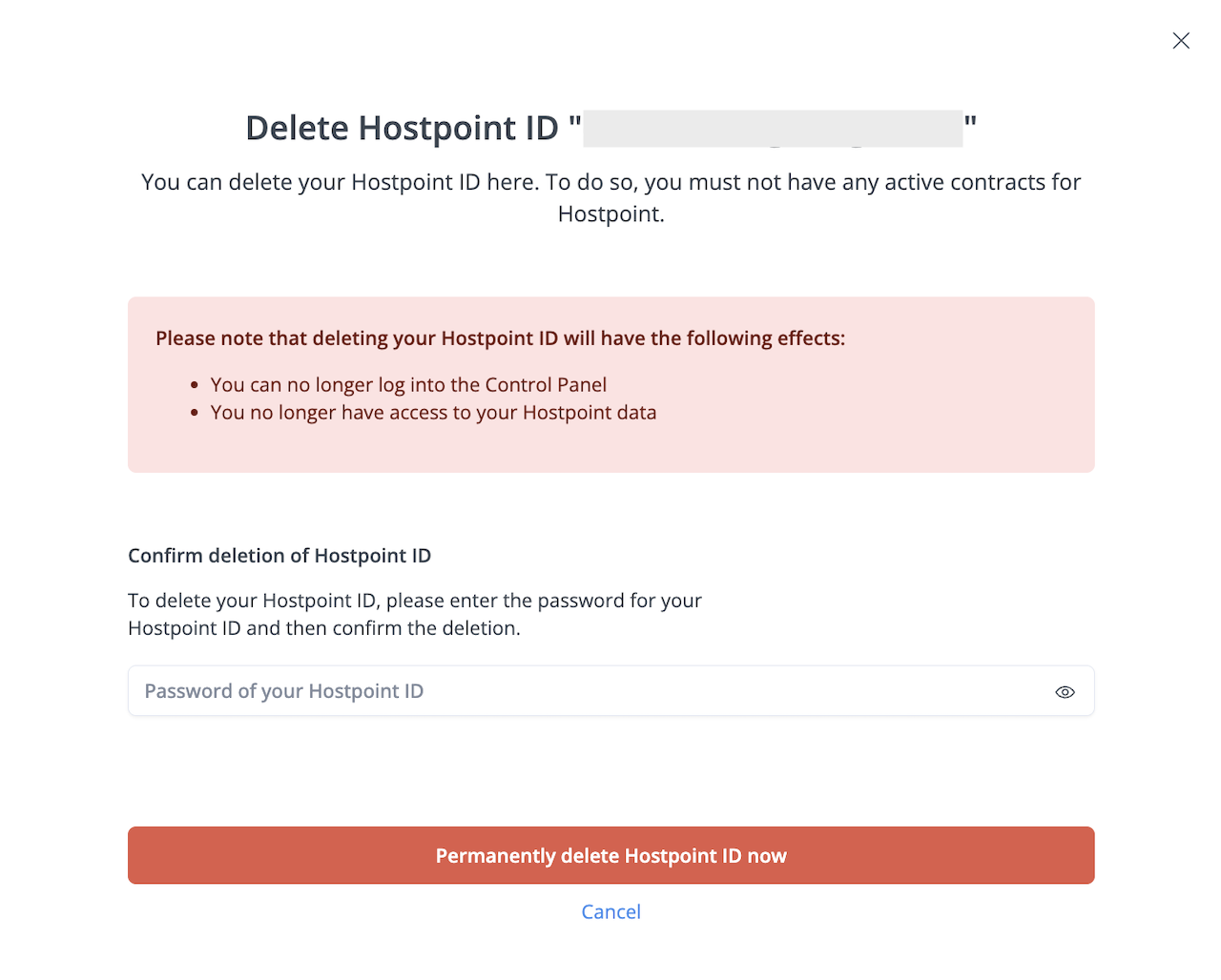 Overlay for the final deletion of the Hostpoint ID, with input field for the password.