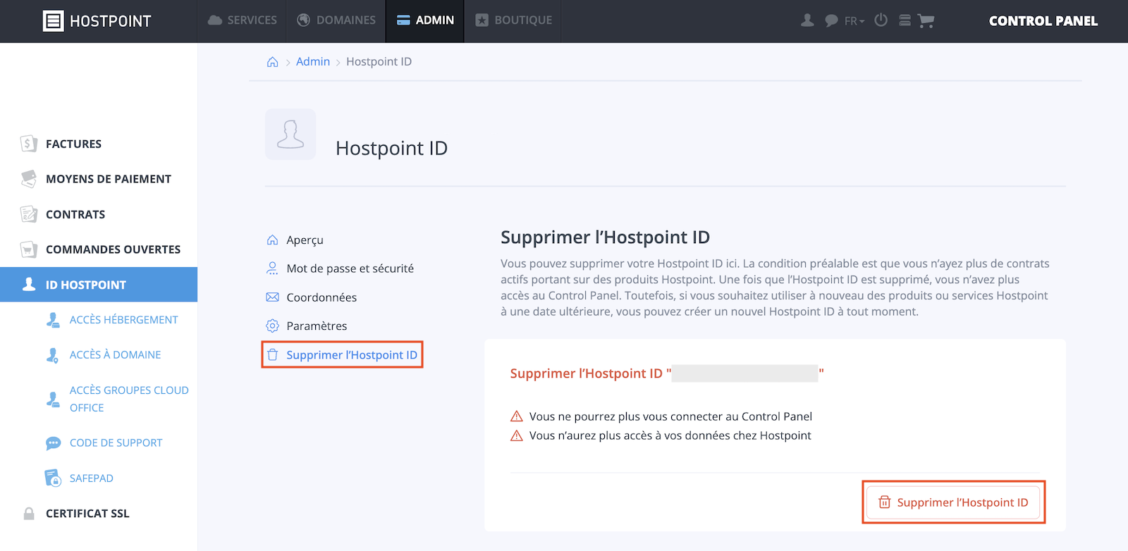 Menu «Hostpoint ID» dans le Control Panel, page «Supprimer l'Hostpoint ID» sélectionnée.