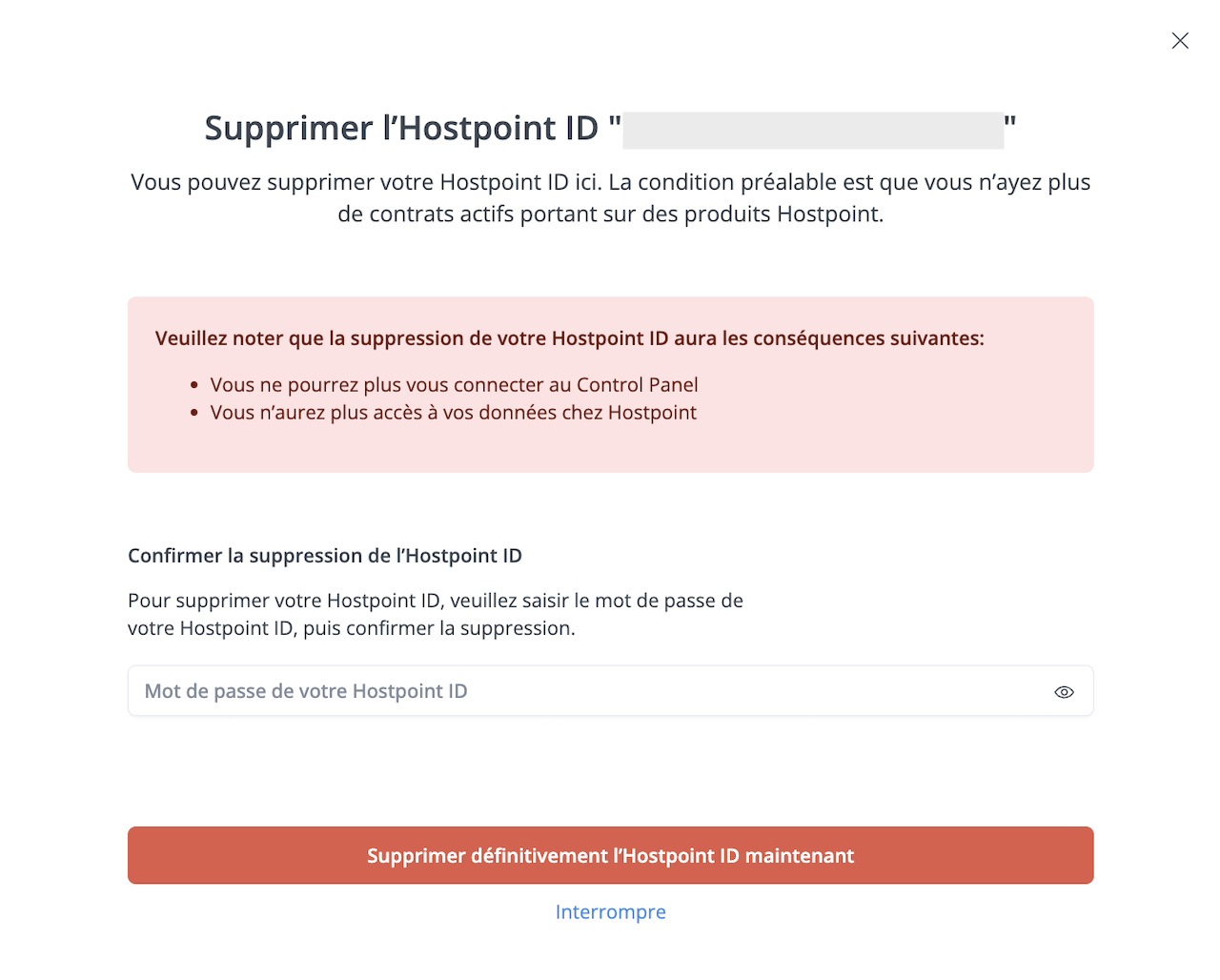 Overlay pour la suppression définitive de l’Hostpoint ID, avec champ de saisie pour le mot de passe.