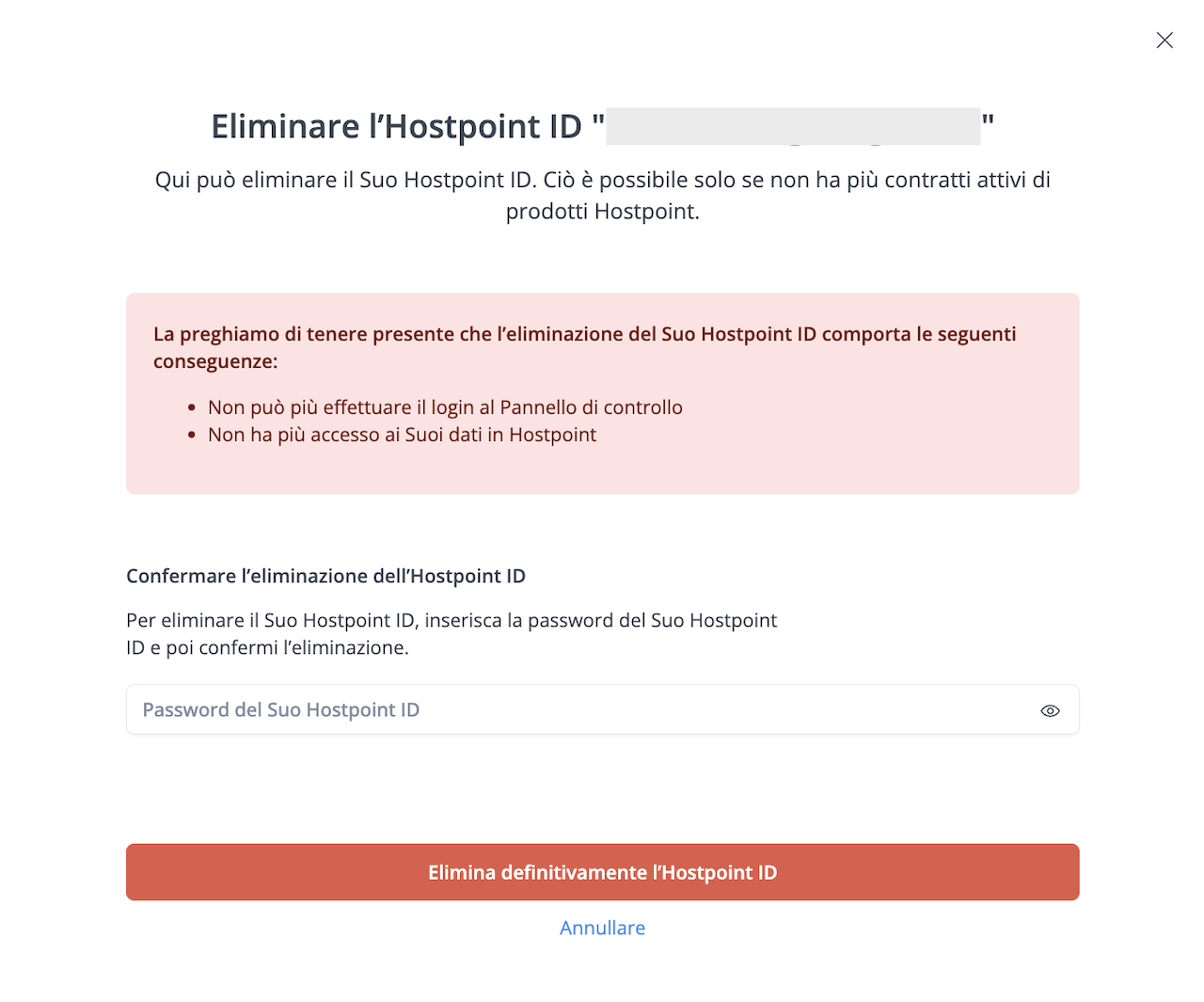 Overlay per la cancellazione definitiva dell’Hostpoint ID, con campo di inserimento per la password.