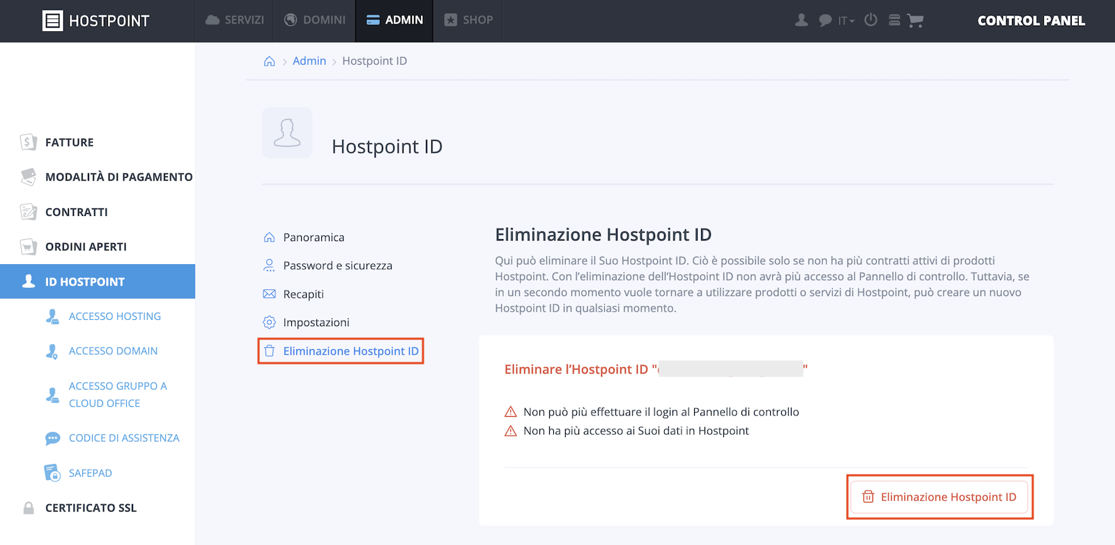 Menu “Hostpoint ID” nel Control Panel, pagina “Eliminazione Hostpoint ID” selezionata.