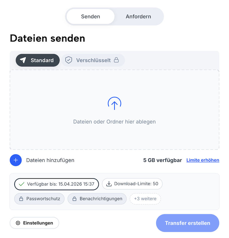 Transferformular (Dateien senden) mit Upload-Bereich und Einstellungen für nicht registrierte Benutzer