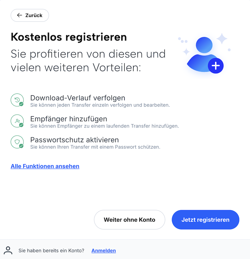 Werbung für kostenloses Benutzerkonto (Vorteile: Downloads verfolgen, Empfänger hinzufügen, Passwortschutz)