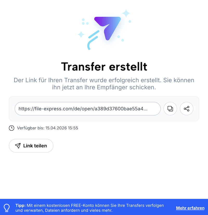 Bestätigung des erstellten Transfers mit Transferlink und Optionen zum Teilen des Links