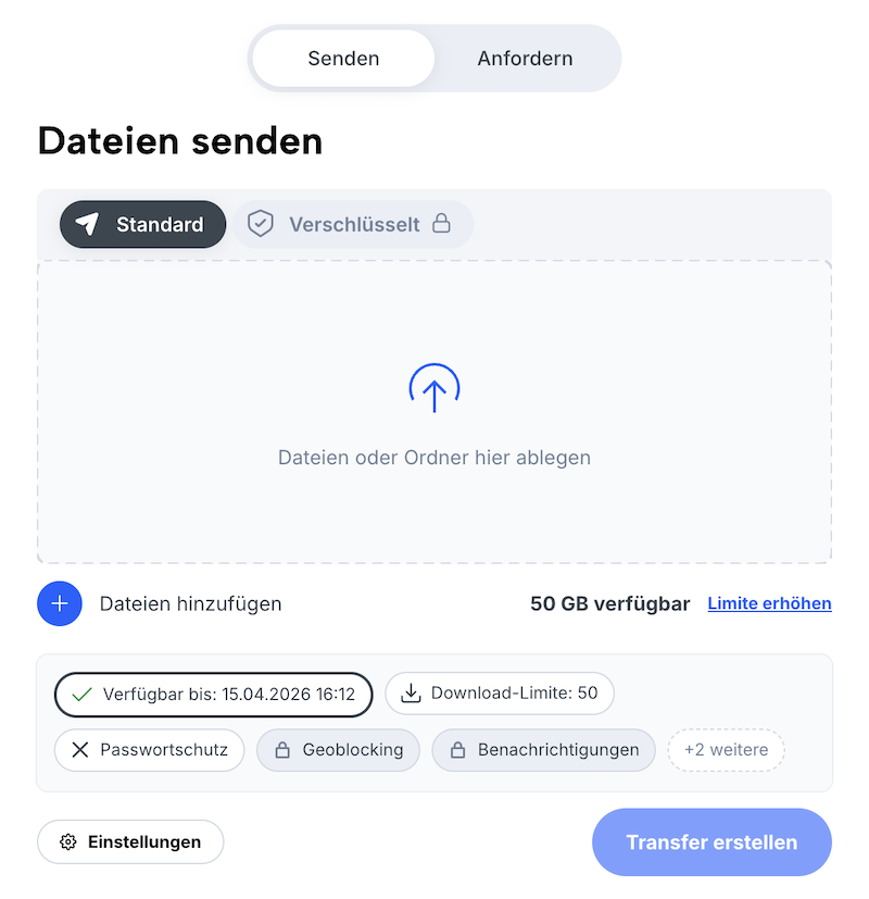 Transferformular (Dateien senden) mit Upload-Bereich und Einstellungen für angemeldete Benutzer