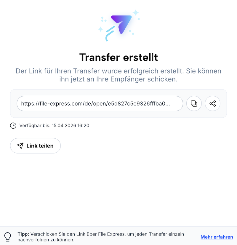 Bestätigung des erstellten Transfers mit Transferlink und Optionen zum Teilen des Links