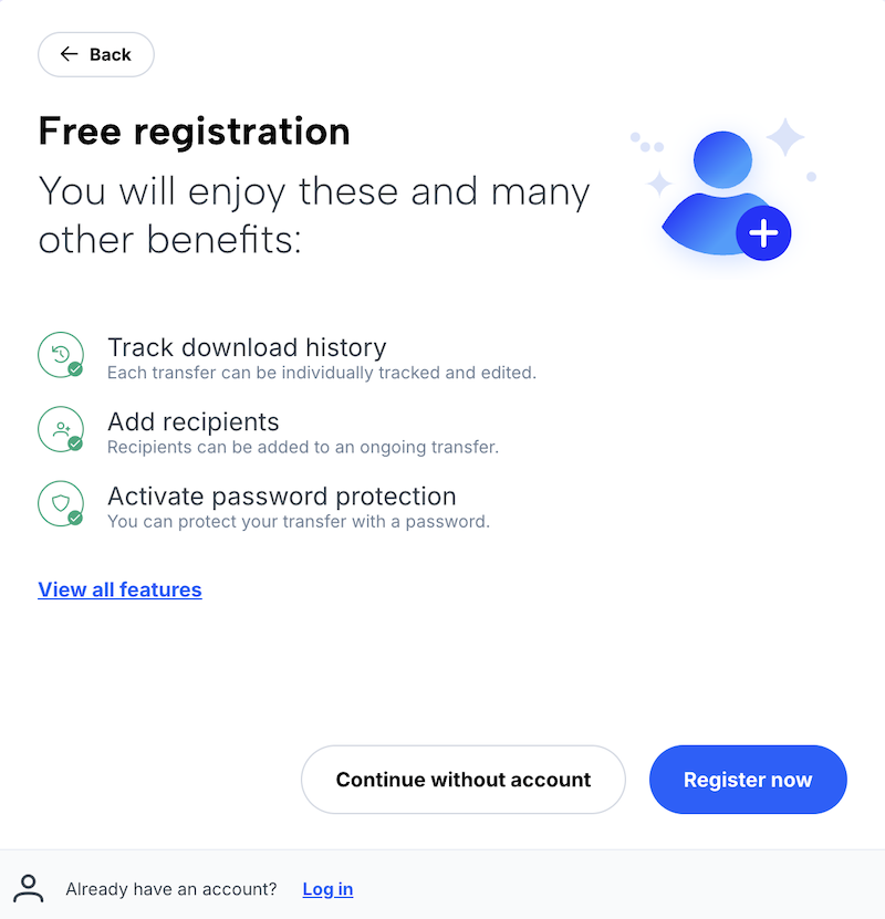 Advertising for free user account (benefits: track downloads, add recipients, password protection)