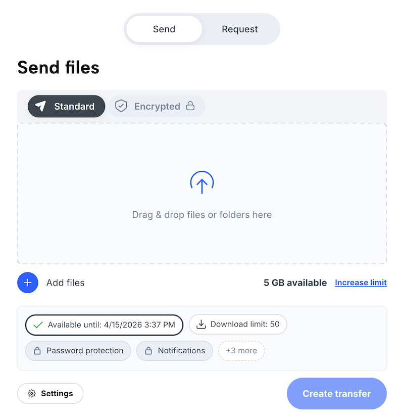 Transfer form (send files) with upload area and settings for unregistered users