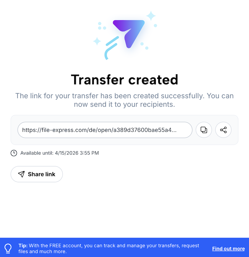 Confirmation of the created transfer with transfer link and options to share the link