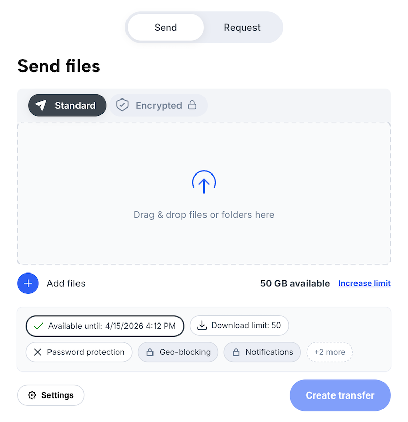 Transfer form (send files) with upload area and settings for logged-in users