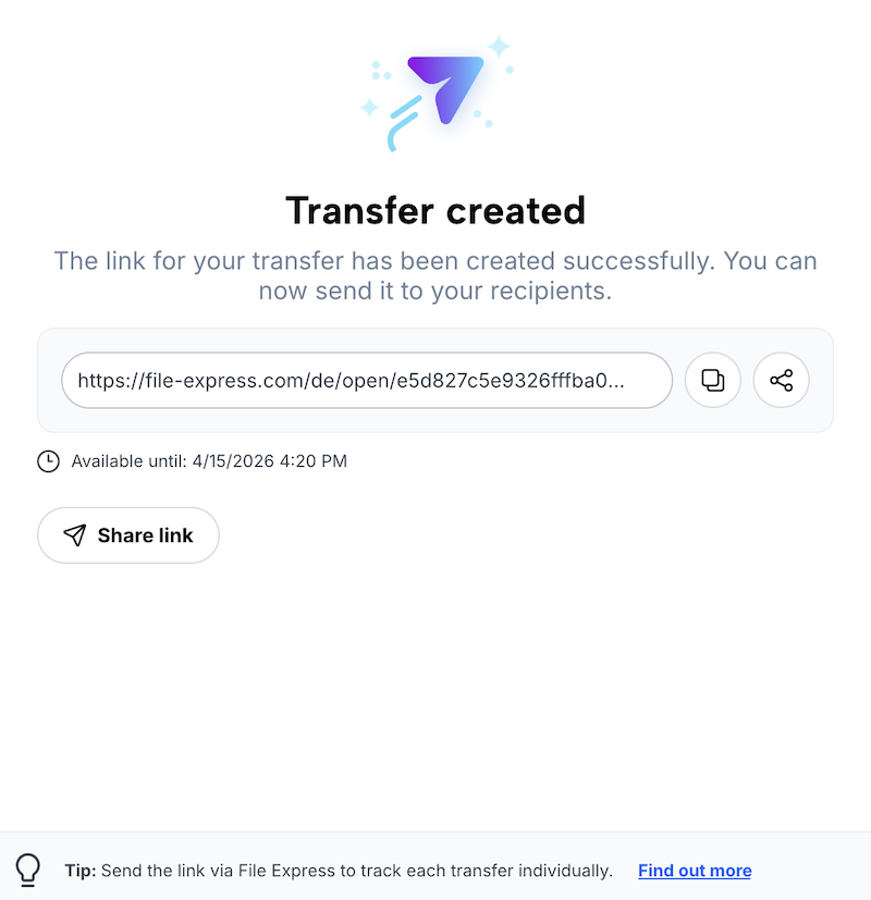 Confirmation of the created transfer with transfer link and options to share the link