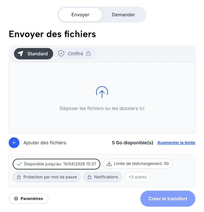 Formulaire de transfert (envoi de fichiers) avec zone de téléchargement et paramètres pour les utilisateurs non enregistrés