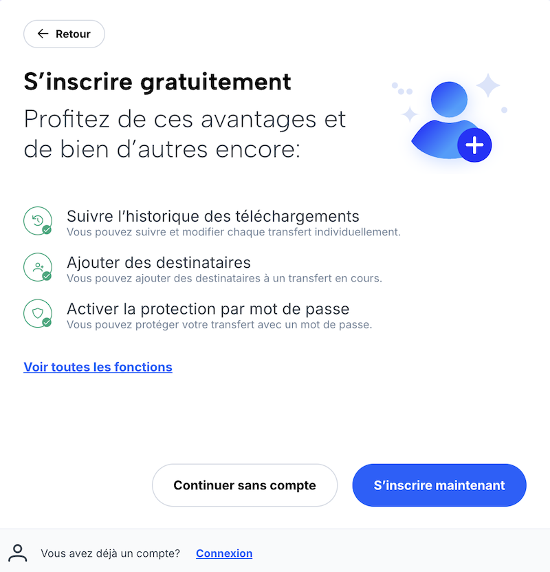 Publicité pour un compte utilisateur gratuit (avantages: suivre les téléchargements, ajouter des destinataires, protection par mot de passe)