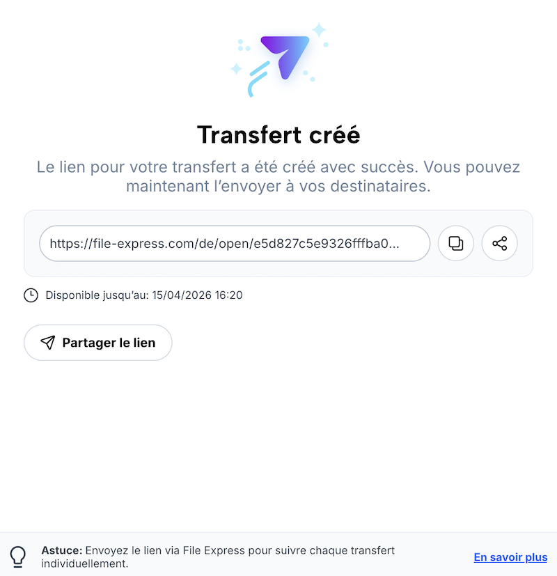 Confirmation du transfert effectué avec un lien de transfert et des options pour partager le lien