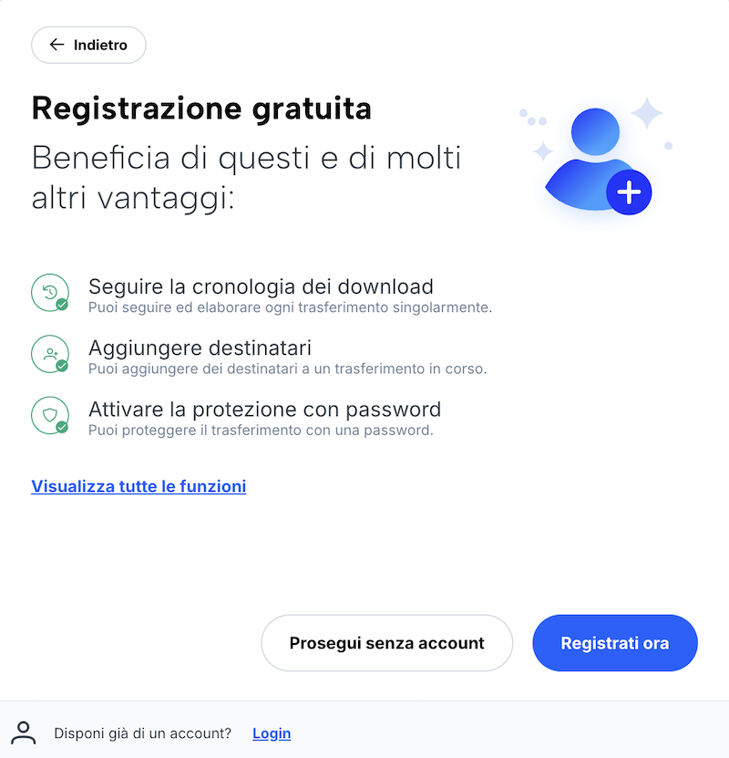 Pubblicità per un account utente gratuito (vantaggi: tracciare i download, aggiungere destinatari, protezione con password)