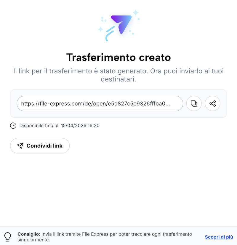 Conferma del trasferimento creato con link di trasferimento e opzioni per condividere il link
