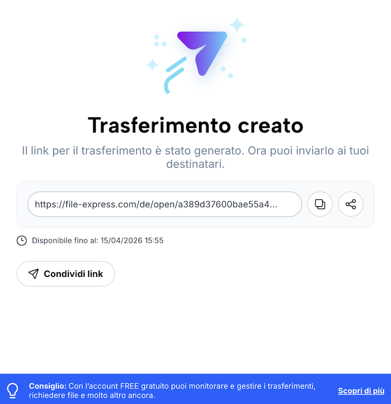 Conferma del trasferimento creato con link di trasferimento e opzioni per condividere il link
