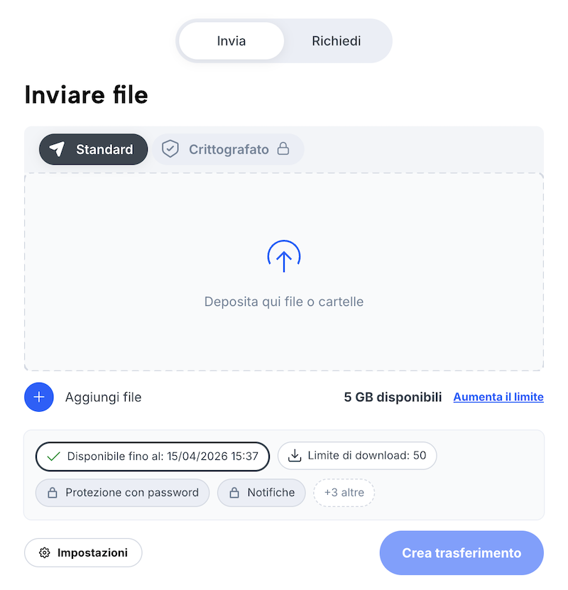 Modulo di trasferimento (invio di file) con area di caricamento e impostazioni per gli utenti non registrati