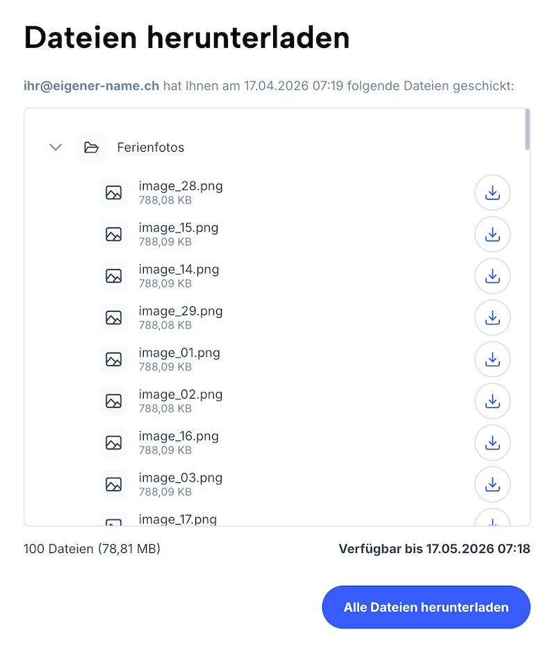 Übersicht aller Dateien des Transfers, mit Ablaufdatum und Button zum Herunterladen