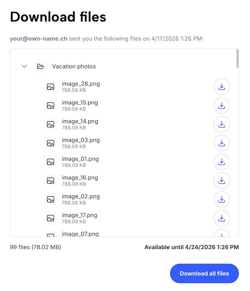 Overview of all files of the transfer, with expiration date and button to download