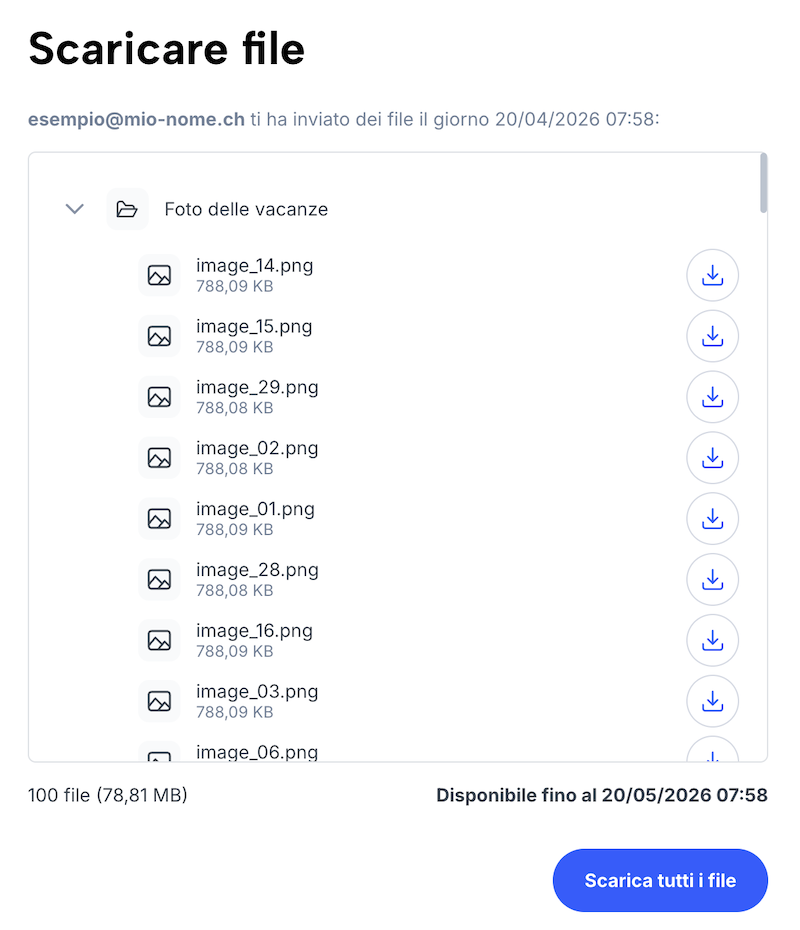 Visualizzazione di tutti i file del trasferimento, con data di scadenza e pulsante di download
