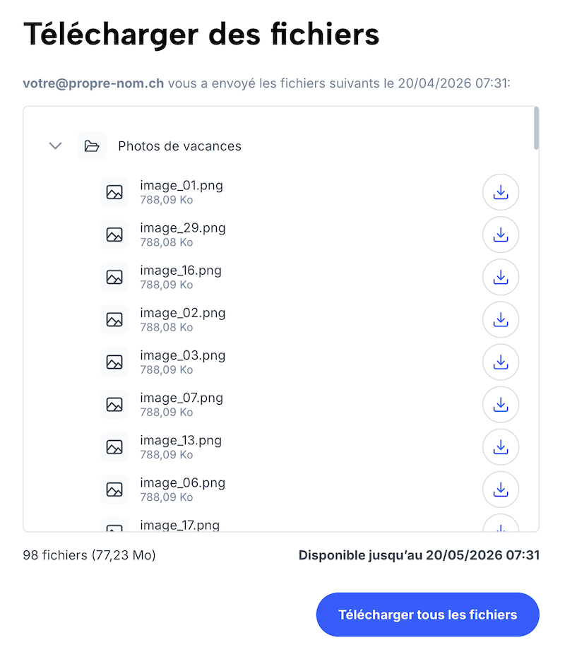 Liste de toutes les données du transfert, avec date d’expiration et bouton de téléchargement