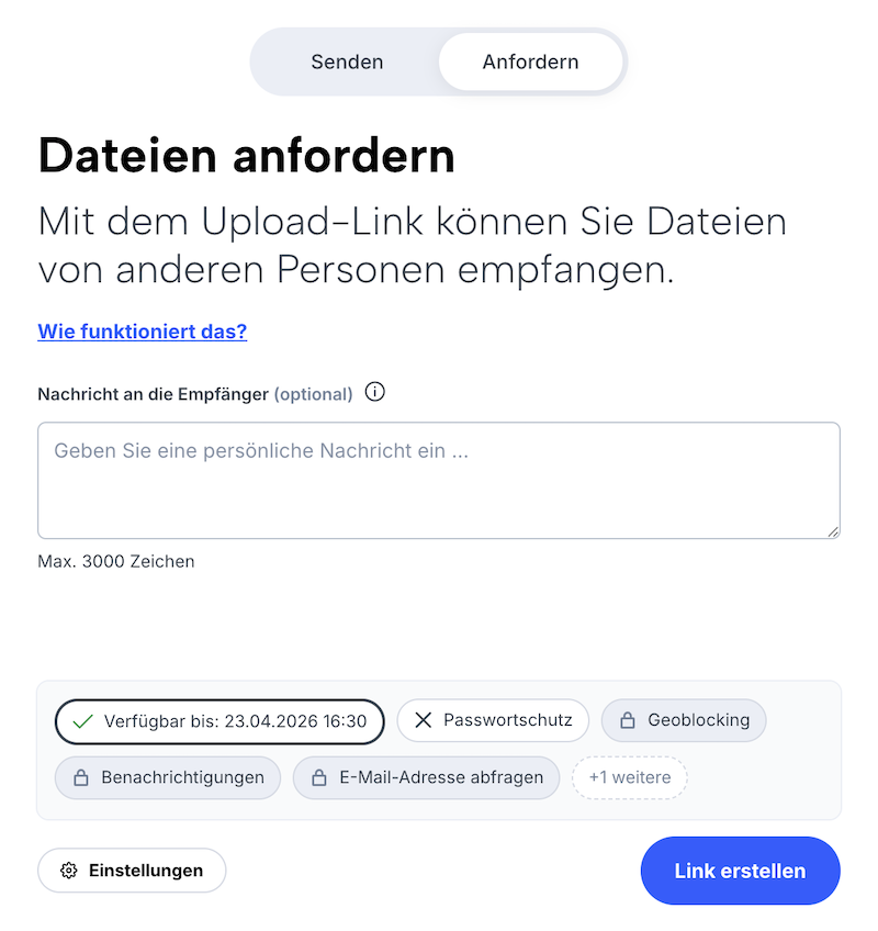 Transferformular (Dateien anfordern) mit Nachrichtenfeld und Einstellungen