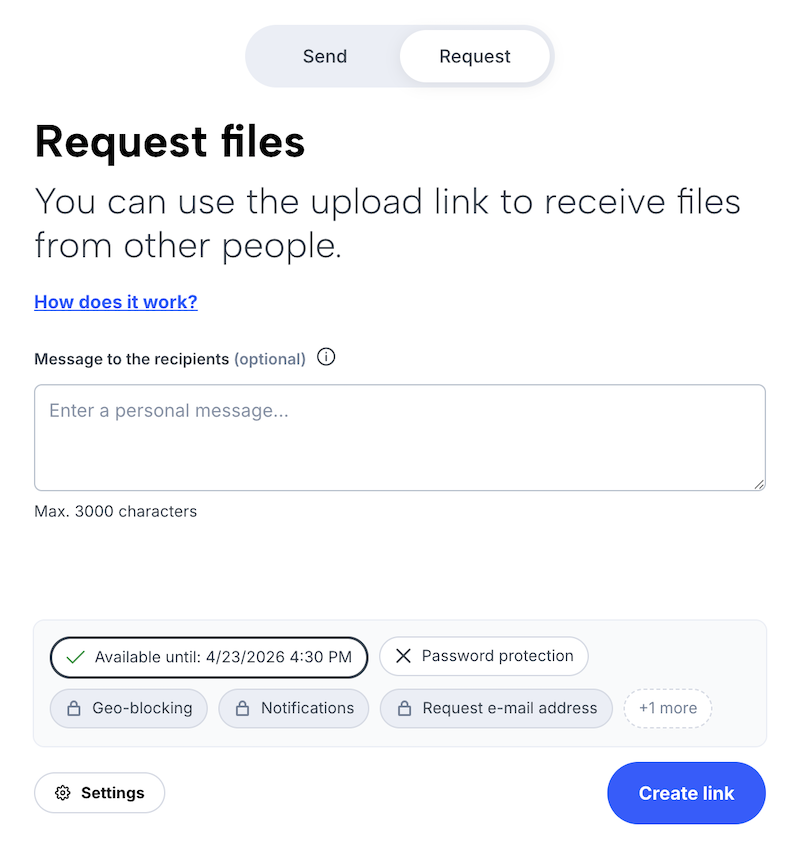Transfer form (request files) with message field and settings