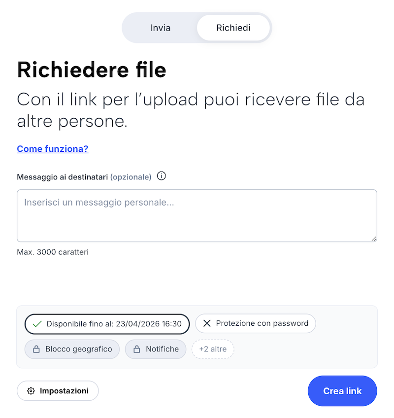 Modulo di trasferimento (richiesta file) con campo di testo e impostazioni