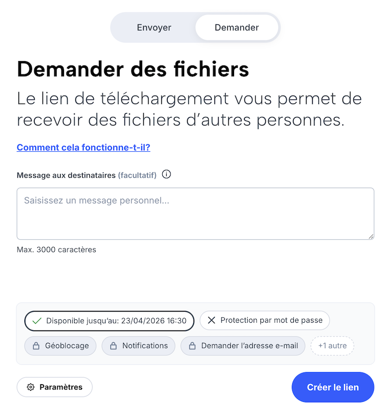 Formulaire de transfert (demande de fichiers) avec champ de message et paramètres