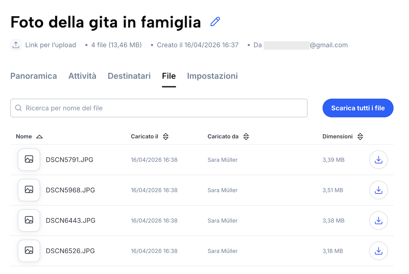 Elenco di file caricati da altri utenti, con opzione di download