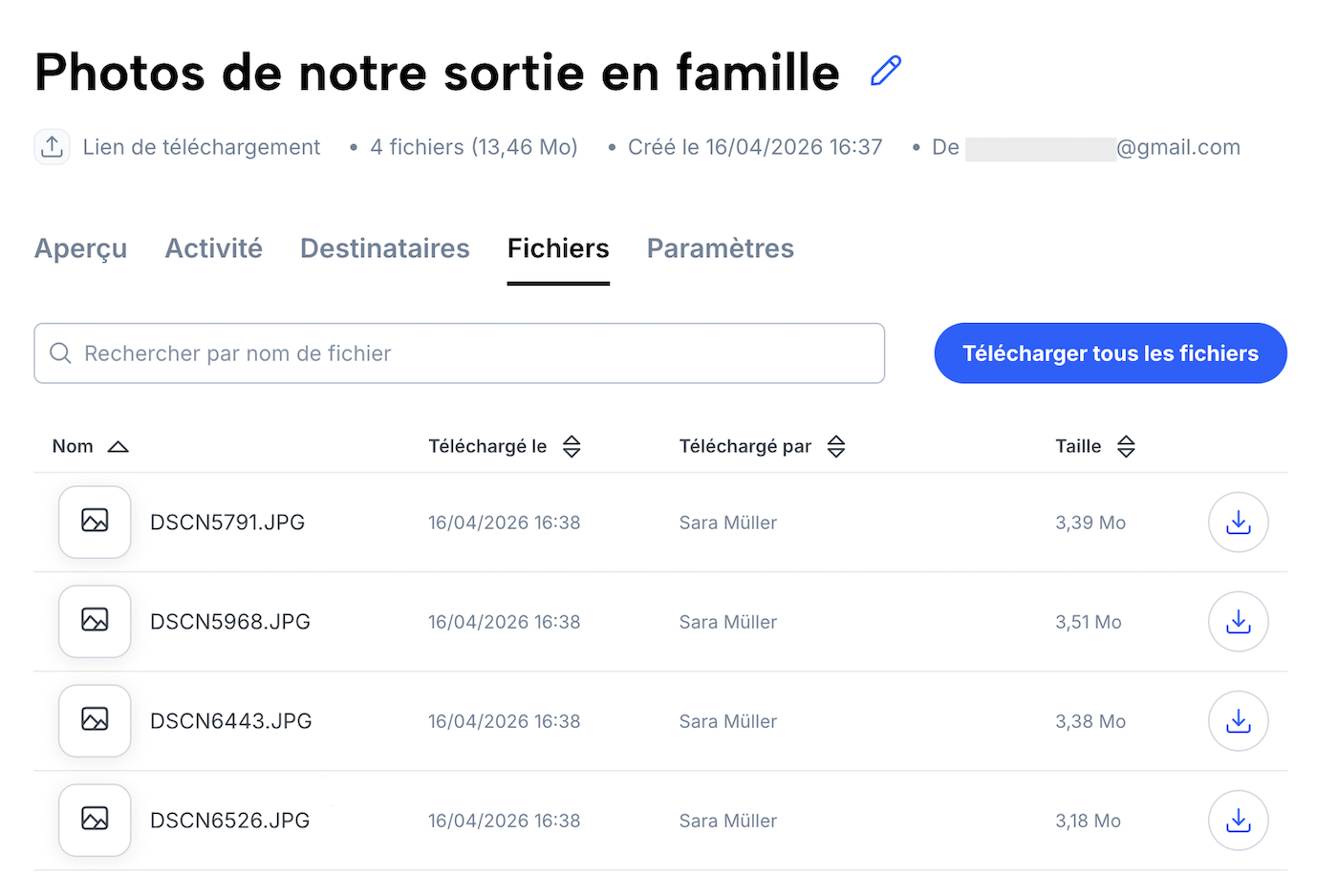 Liste de fichiers téléchargés par d’autres personnes, avec option de téléchargement