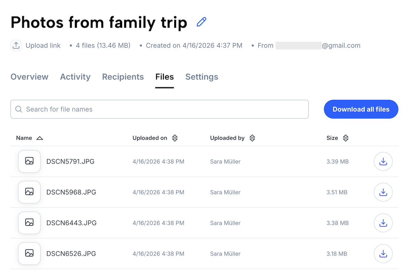 List of files uploaded by other people, with option to download