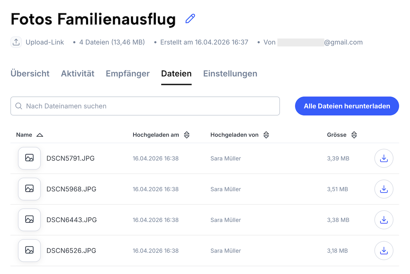 Liste von Dateien, die von anderen Personen hochgeladen wurde, mit Option zum Herunterladen