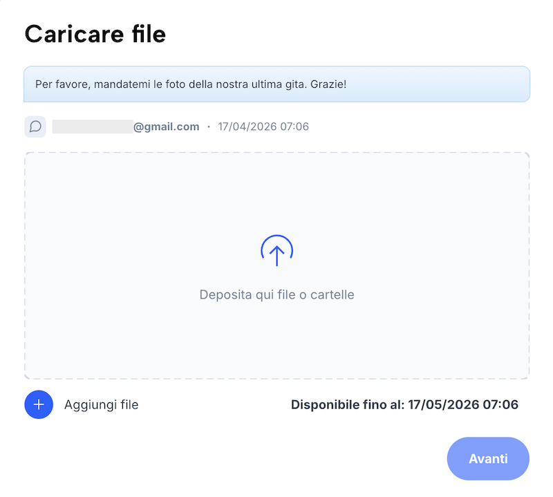 Pagina per caricare i file come destinatario di un link per l'upload