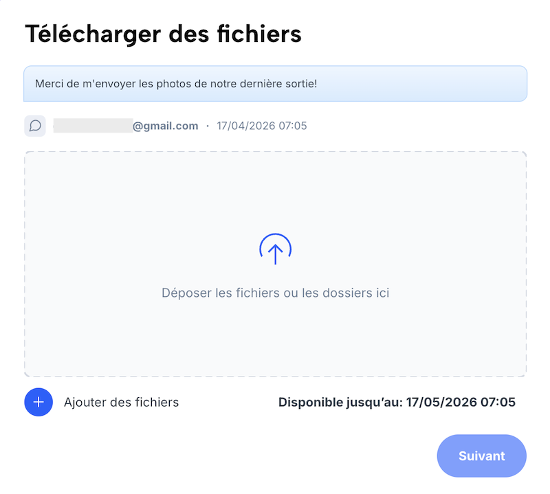 Page pour télécharger des fichiers en tant que destinataire d’un lien de téléchargement