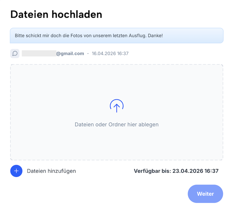 Seite zum Hochladen von Dateien als Empfänger eines Upload-Links