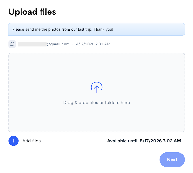 Page for uploading files as the recipient of an upload link