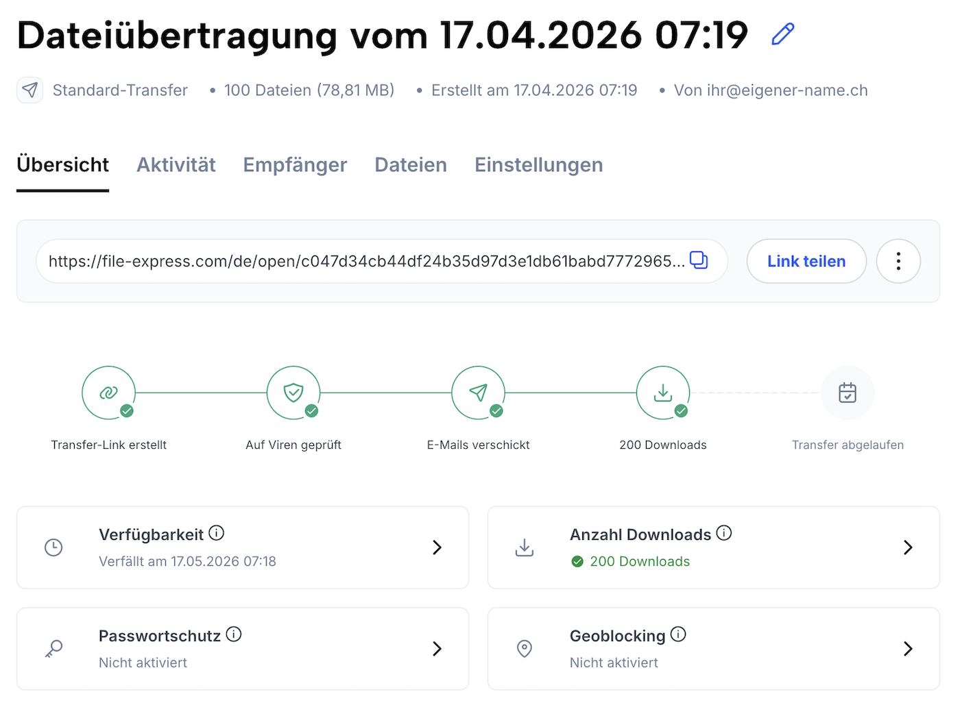 Übersichtsseite eines Transfers mit Link zum Kopieren