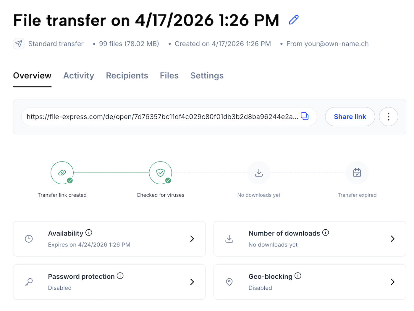 Overview page of a transfer with link to copy