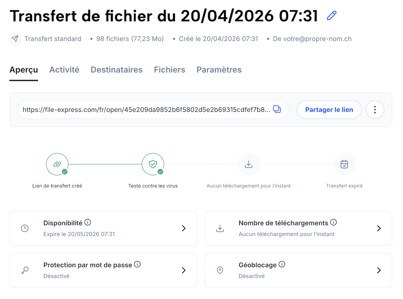 Page d’aperçu d’un transfert avec le lien pour copier