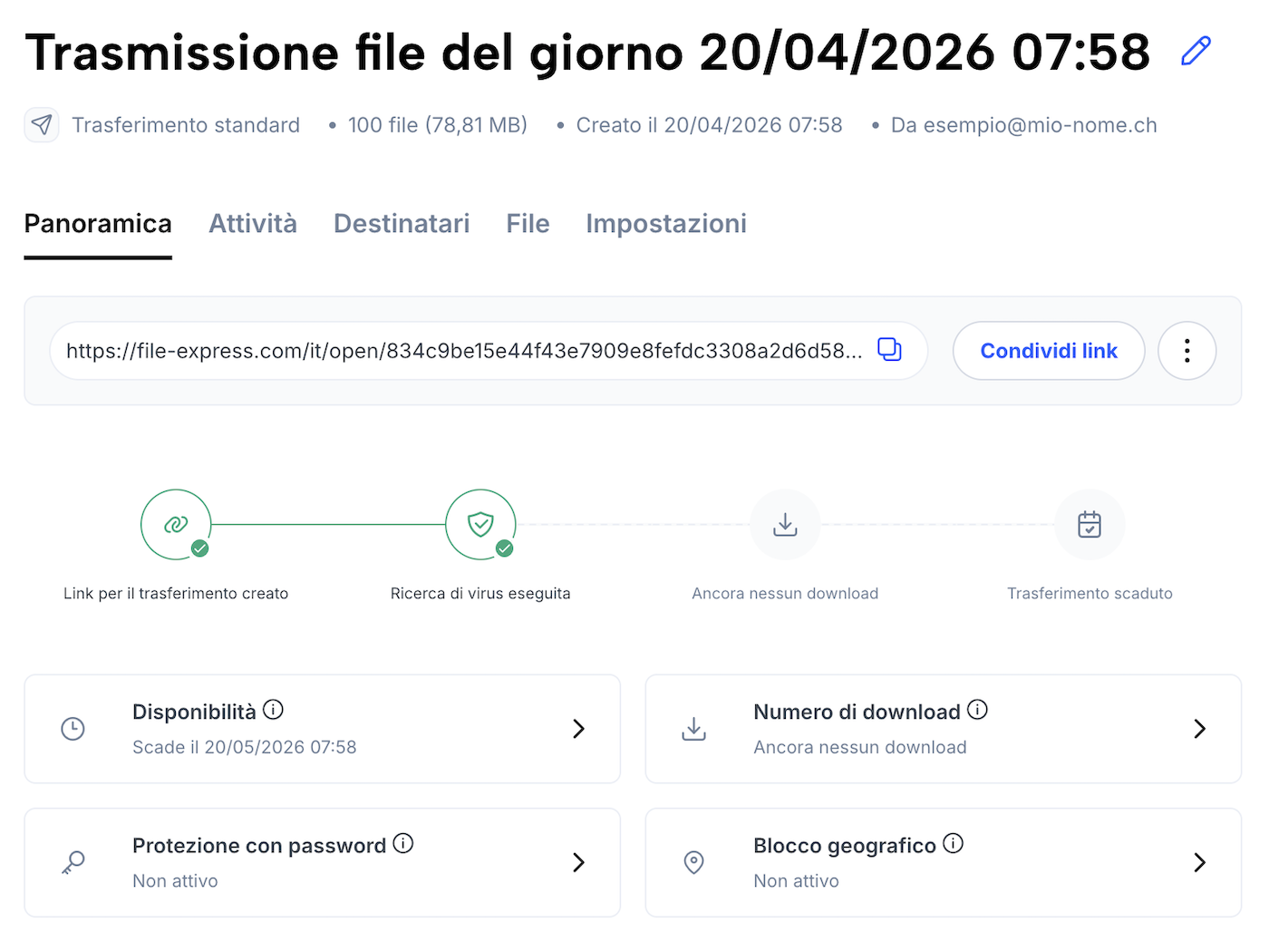 Pagina di panoramica di un trasferimento con link per la copia