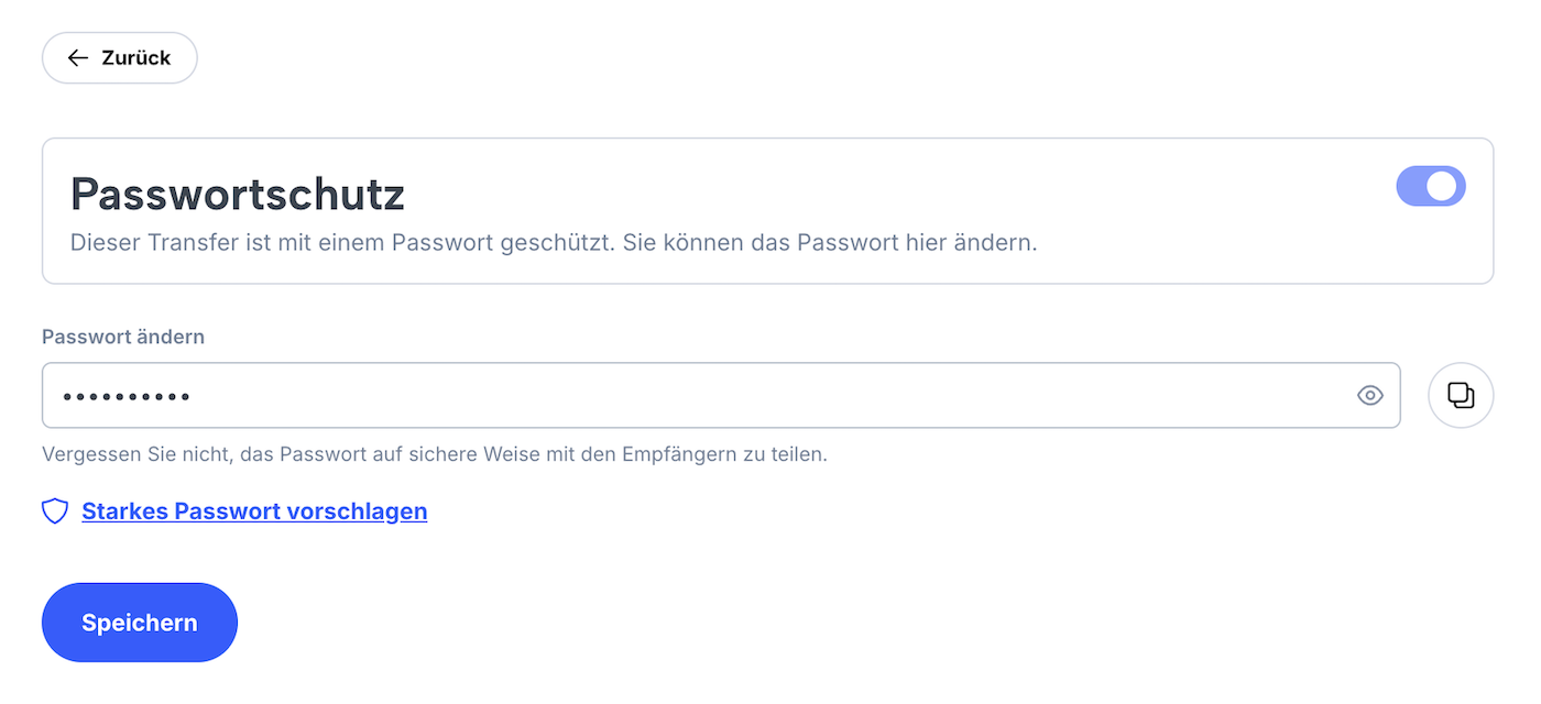 Seite zur Eingabe eines neuen Passworts für einen bestehenden Transfer