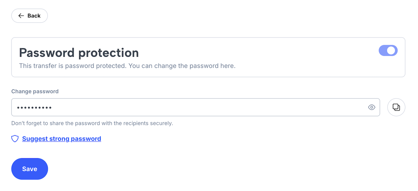 Page to enter a new password for an existing transfer