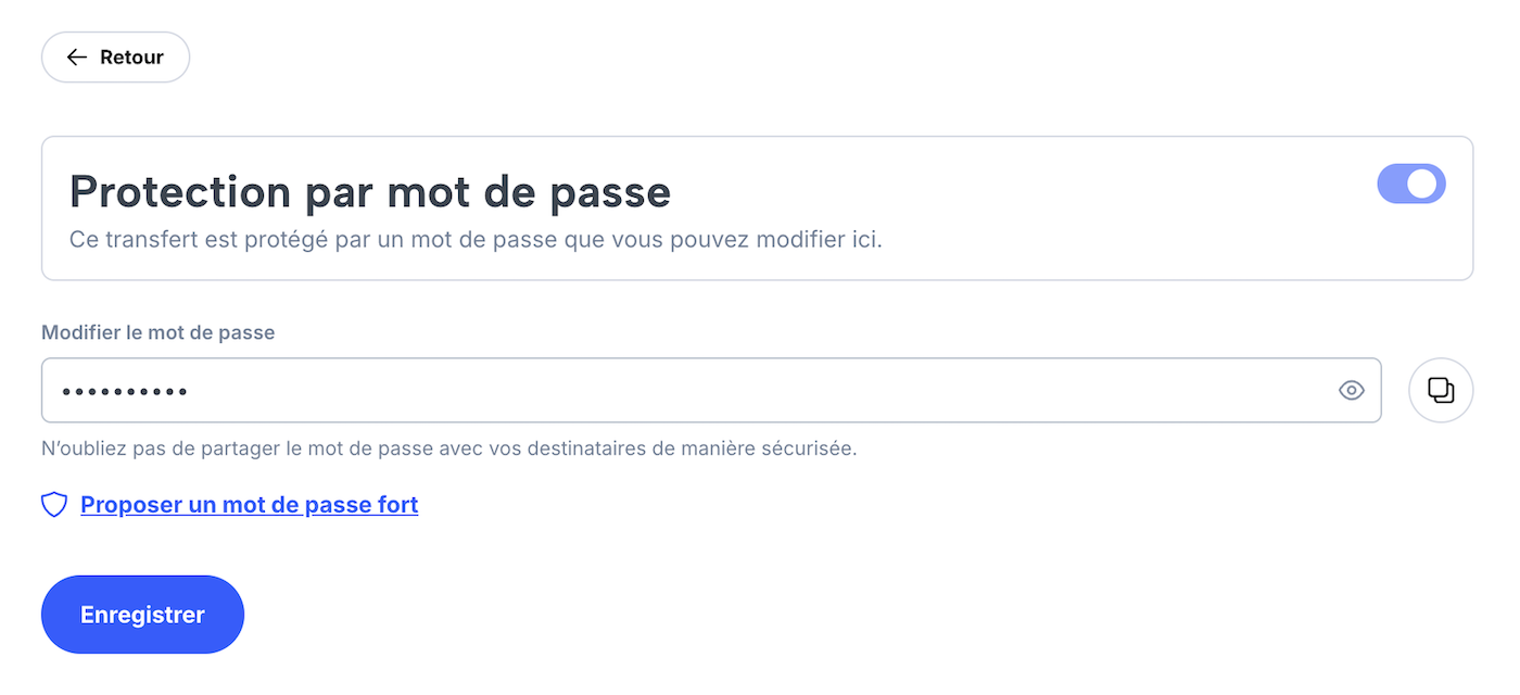 Page pour entrer un nouveau mot de passe pour un transfert existant
