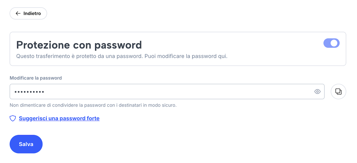 Pagina per l’inserimento di una nuova password per un trasferimento esistente