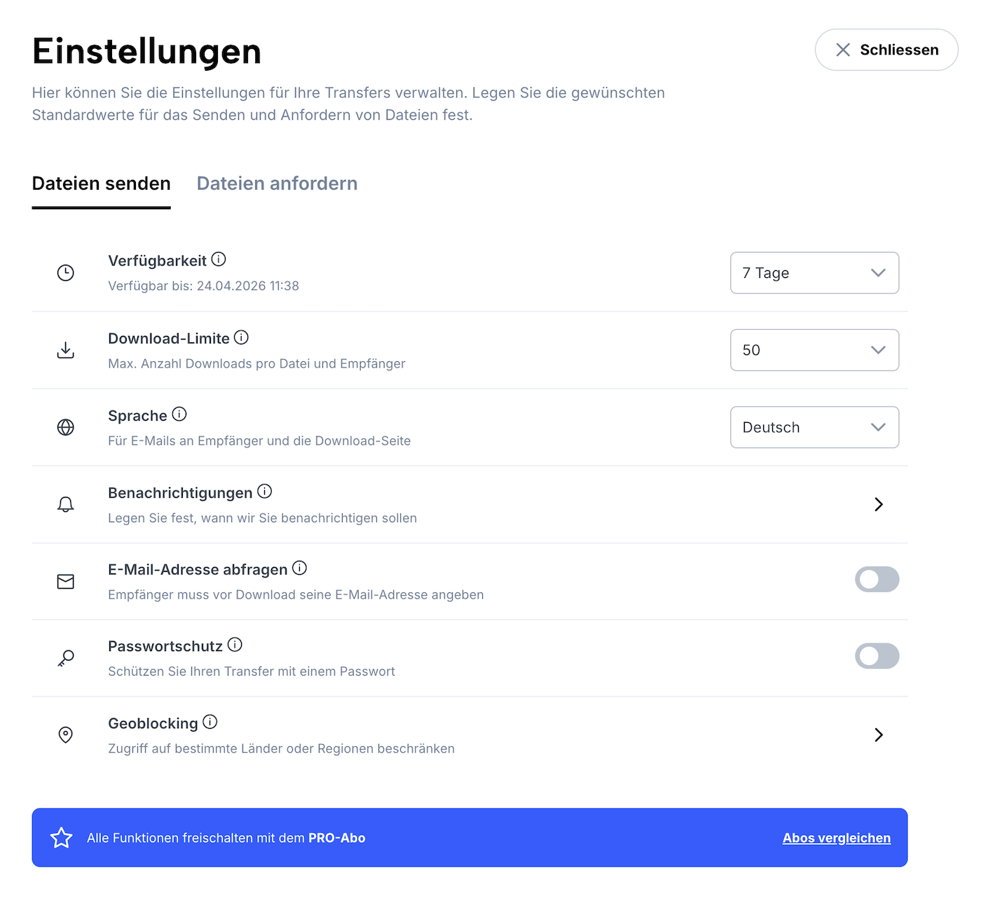Standardeinstellungen eines Benutzers fürs Senden und Empfangen von Dateien